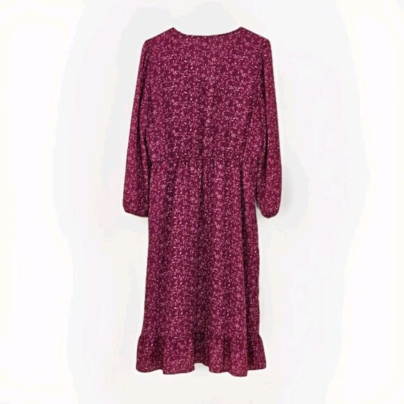 Old Navy Faux Wrap Dress Women L Wine LS Midi Lined Ruffles Dainty Floral Boho - Picture 2 of 16